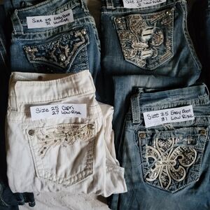 Miss Me Embellished Boot Cut Jeans in Blue and White